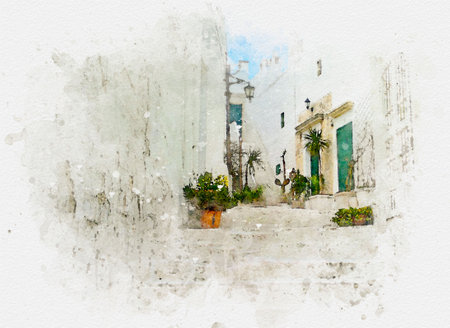 pictorial courtyards of italia artwork in painting styleの写真素材