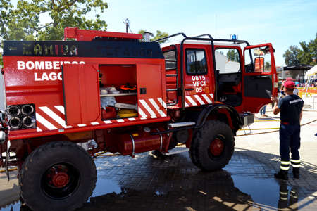 Portugal, Algarve, Lagoa, Circa 04.06.2017. Brand new Fire engine being displayed in a local...