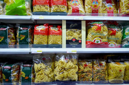 Monchique, Algarve, Portugal.  22. 10. 2013.Selection of pasta for sale in a supermarket.のeditorial素材