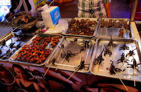SIEM REAP, CAMBODIA - Mart 22, 2018: Tarantula, scorpion and snake kebab soft focus for sale at a night street market in Cambodia. Exotic food for tourists and travelersのeditorial素材