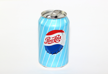Moscow, Russia - September 08, 2018: Isolated open Aluminium can Pepsi Cola 1960s limited edition redesign on light background. Pepsi is a carbonated soft drink produced by PepsiCo.のeditorial素材