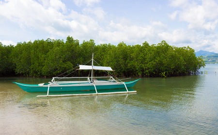 Traditional Filipino wooden outrigger boat banca standing in shallow water against background of green mangroves and blue sky on a sunny day. Selective focus. Background for advertising a sea resortsの写真素材
