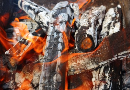 Soft background with grey charred wood and bright red flames. Very hot campfire close-up. Preparing coals for cooking barbecue on the grillの写真素材