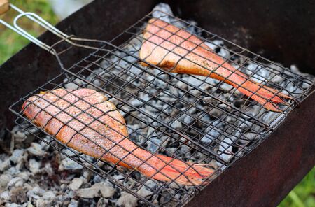 Raw marinated yelloweye rockfish cooking on a grill on hot coals. Concept background for a family summer picnic or dinner outdoor. Selective focus.の写真素材