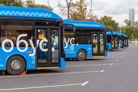 Moscow, Russia - 19 August, 2020: parking of electric buses on the street of Moscow. Modern...