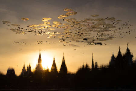 Upside down reflection of a dark blurry silhouette of a fairytale castle with water lilies in the golden water of the lake. Mysterious background. Abstract reflections on water surfaceの写真素材