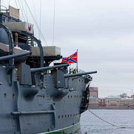 St. Petersburg, Russia - January 6, 2020: Combat gun weapons on naval museum Cruiser Aurora at Saint...