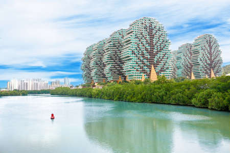 China, Sanya - January 19, 2020: view from the water to skyscrapers of the Beauty Crown Grand-Tree...
