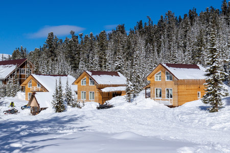 Ergaki, Krasnoyarsk Krai, Russia - March 25, 2020: ski resort in Siberia. Ergaki mountain range, Western Sayan Mountains in Russia.のeditorial素材
