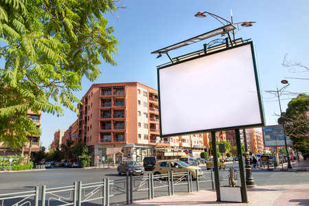 Marrakesh, Morocco - 12 October, 2019: Mockup of blank white billboard on urban street. Outdoor billboard or advertising poster with empty copy spaceのeditorial素材