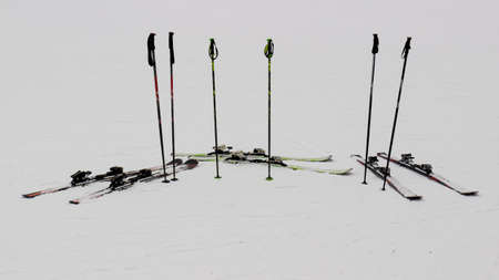 Ergaki, Krasnoyarsk Krai, Russia - March 28, 2020: alpine skis on winter resort. Winter activity holiday and skiing conceptのeditorial素材