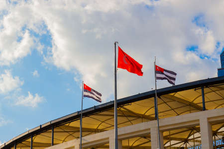 National flag of Turkey and flags of Besiktas sports club (BJK) waving in the wind at Istanbul, Turkey.の写真素材