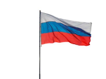 Waving Russian flag on a pole isolated on white backgroundの写真素材