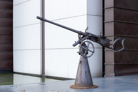 Istanbul, Turkey - October 6, 2019: historic autocannon on square near Istanbul Naval Museum in Besiktas district, Turkey. Automatic firearmのeditorial素材