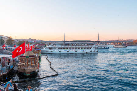 Istanbul, Turkey - October 9, 2019: Evening view from Galata bridge on Gulf of the Golden Horn in Istanbul, Turkey.のeditorial素材