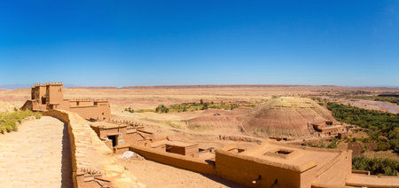 Ouarzazate, Morocco - 15 October, 2019: Panoramic view from ancient Ait Benhaddou Kasbah near Ouarzazate city Morocco, North Africa.のeditorial素材