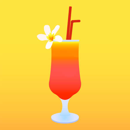 Vector illustration of alcohol cocktail Sex on the beach decorated with plumeria flower isolated on orange background. Orange pattern consisting of full glass with layered summer cocktailのイラスト素材