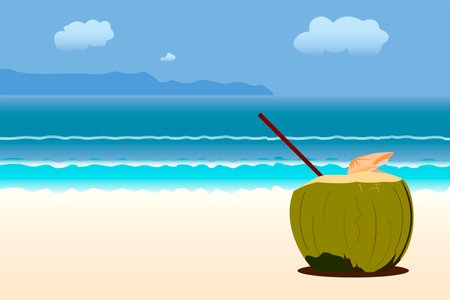 Vector illustration a green coconut tropical cocktail with drinking straw on pink sandy beach against the azure sea background. Summer beach party flyer. Copy space for your text or advertisementsのイラスト素材