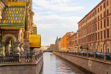 St. Petersburg, Russia - 13 August, 2020: Griboyedov Canal embankment at Saint Petersburg, Russia....