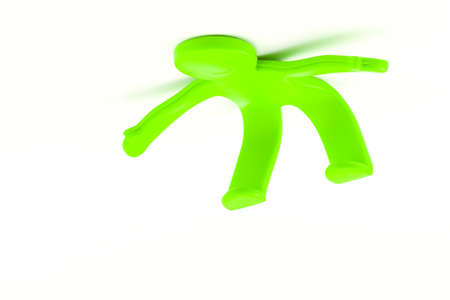 Smiling bright green plastic toy man lies with his legs up and open arms isolated white background. Concept of Hugs and Feelingの写真素材