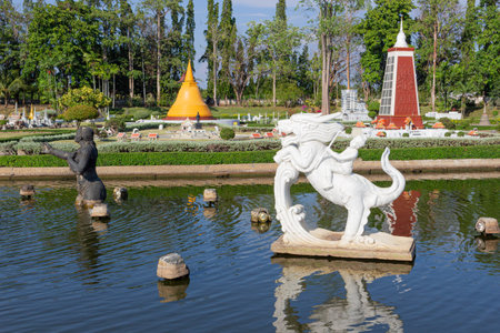 Pattaya City, Chonburi Province, Thailand - March 17, 2018: Qilin carrying baby on his back. View of copy monuments and attractions in the Asian zone in Siam Park.のeditorial素材