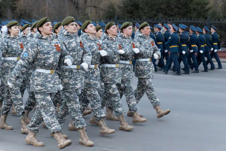 Krasnoyarsk, Russia - May 5, 2022: A group of youth patriotic associations in full dress march during the rehearsal of the Victory Parade in the Great Patriotic Warのeditorial素材