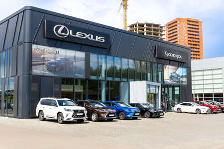 Krasnoyarsk, Russia - June 19, 2022: Lexus dealership store. Showroom of a japanese brand of...
