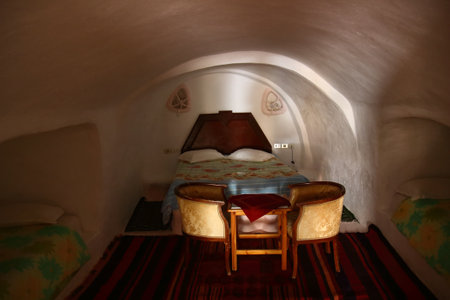 Matmata, Tunisia - 27 October, 2019: interior of room in hotel carved into the rock or cave in the Sahara Desert, Tunisiaのeditorial素材