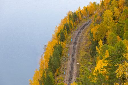 Top view on single-track railway along the river. Autumn landscape with railroad. Colorful autumn foliage on trees near railway track at riversideの写真素材