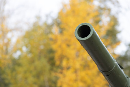 Cannon muzzle on autumn blurred background. Military concept with copy spaceの写真素材