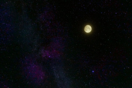 Full moon against milky way and stars against night sky. Colorful starry night sky with copy space....