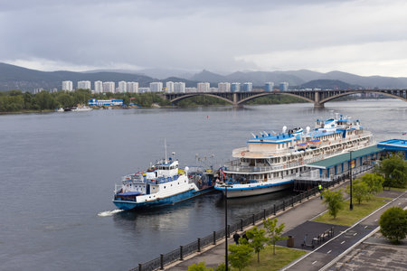 Krasnoyarsk, Russia - June 8, 2022: Tourist river ship 'Alexander Matrosov' in the port of Krasnoyarsk. Performs tourist cruise rivers along the Yenisei Riverのeditorial素材