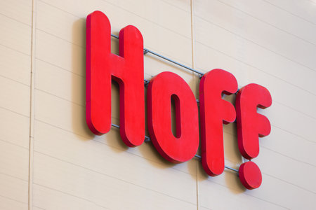 Moscow, Russia - 13 November, 2022: Hoff signboard on facade building. Hoff is a Russian retailer...