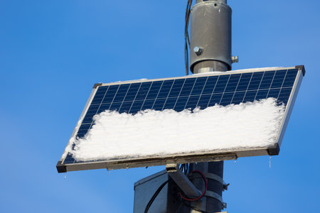 Solar panel on a field covered with snow. Renewable green energy sources in winter. Solar...