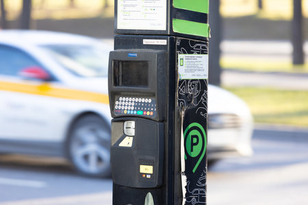 Moscow, Russia - 14 November, 2022: Parking meter in Moscow. Paid parking in the city street. Close-up Parking machine terminalのeditorial素材
