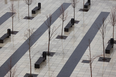 Top view of an empty town square with granite tiling, rows of black benches and urns, and planted saplings tree. City geometry in gray tones. modern urban designの写真素材