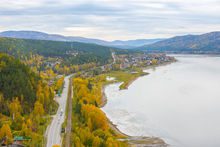 View of the village Sliznevo and Yenisei river from the view point 'Tsar-fish' at autumn day in Krasnoyarsk, Russiaの写真素材