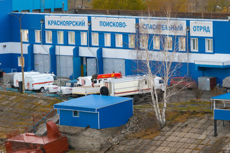 Krasnoyarsk, Russia - October 24, 2022: Station of Krasnoyarsk search and rescue squad or SAR on riverbank of Yenisey riverのeditorial素材