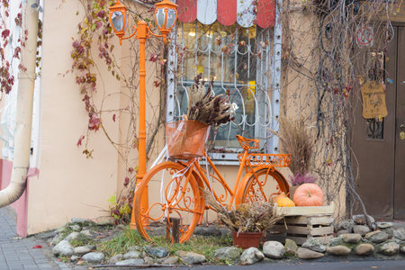 Kolomna, Russia - 8 November, 2022: decorative autumn composition with orange bike, street lamp and pumpkins on city streetのeditorial素材