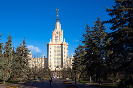 Moscow, Russia - November 14, 2022: View on Main building of Moscow State University on Sparrow Hills, Russia. Sunny autumn day in Moscowのeditorial素材