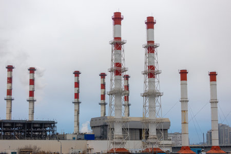 Industrial landscape with pipes of thermal power plant.の写真素材