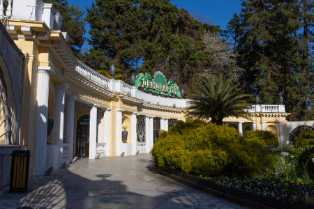 Sochi, Russia - 15 April, 2023: main entrance to the Sochi Arboretum. Sochi Arboretum is a unique collection of subtropical flora and fauna located in the Khosta district of the city of Sochi.のeditorial素材
