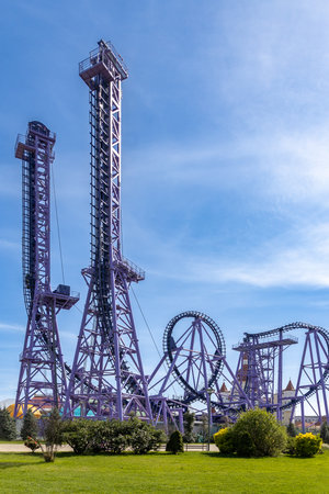 Sochi, Russia - 16 April, 2023: gravity slide Quantum Leap in Sochi Park. Sochi Park is a theme amusement park, the idea of the park is based on the cultural and historical richness of Russiaのeditorial素材