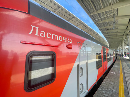 Sochi, Russia - 16 April, 2023: Lastochka or Swallow is a high-speed commuter train used across multiple Russian cities. Based on the Siemens Desiro design for Russian Railwaysのeditorial素材
