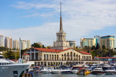 Sochi, Russia - 15 April, 2023: View of the Commercial Sea Port of Sochi. Yachts on the background of the Marine passenger terminal in the seaport on the Black Seaのeditorial素材