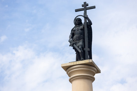 Sochi, Russia - April 17, 2023: Monument to Michael the Archangel against blue sky. A monumental column with a sculpture of Archangel Michael, head of the Heavenly Host, patron of the city of Sochi.のeditorial素材