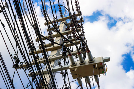 Row wires and electrical insulators on a high-voltage power line pole against the blue cloudy sky....