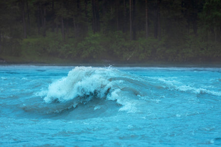 Summer landscape with river wave with turquoise water and white foam on the Katun River in the Altai Republic, Russiaの写真素材