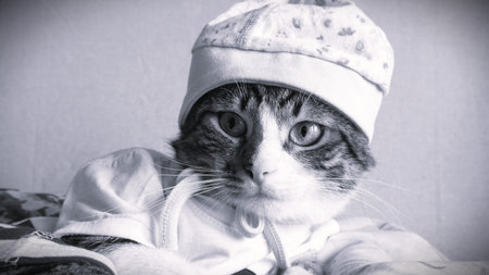 Cute tabby cat wearing a cap. Black and white., Vintageの写真素材