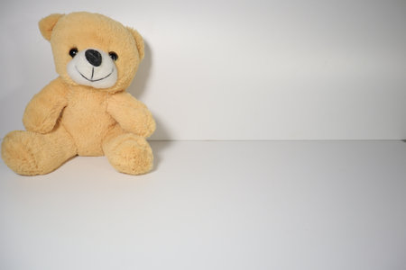 Teddy bear sitting on the floor in front of white background.の写真素材